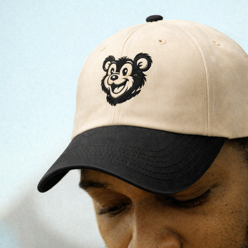 Bonzo vintage cap worn by model, showing classic six-panel construction and pre-curved brim