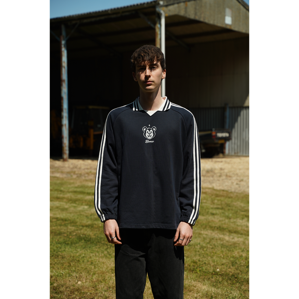 Collar Sweatshirt front view, twin sleeve stripes, small Bonzo chest print