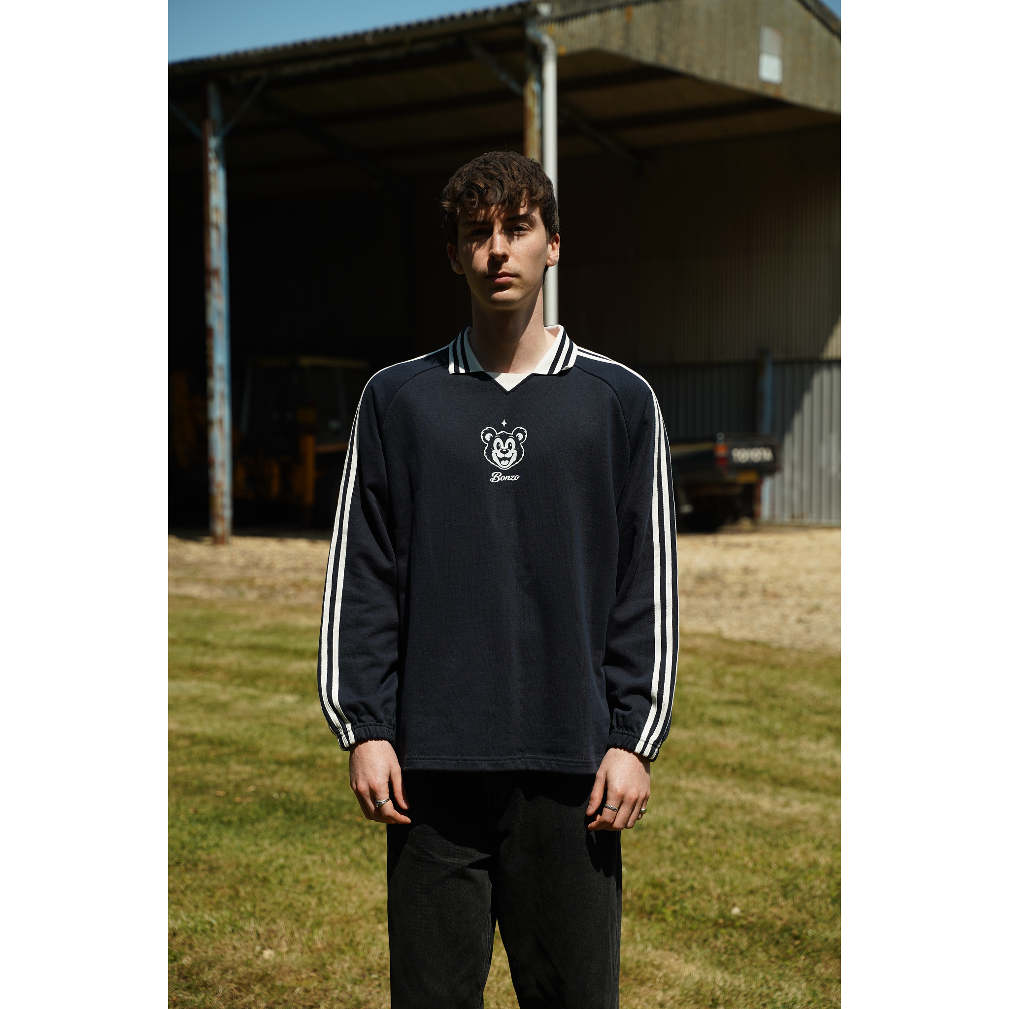 Collar Sweatshirt front view, twin sleeve stripes, small Bonzo chest print