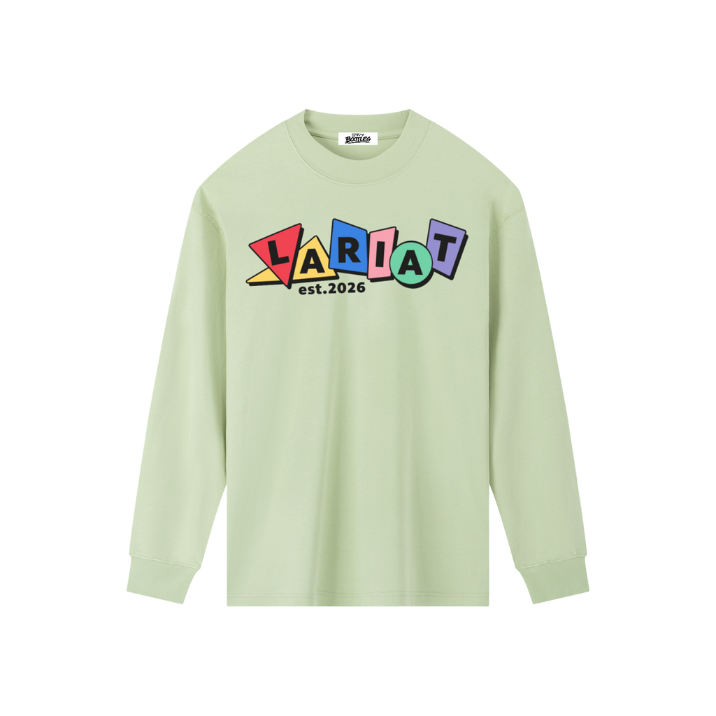Playtime | Crewneck Long-Sleeve Tee front view, multicolour LARIAT graphic, long-sleeve crewneck