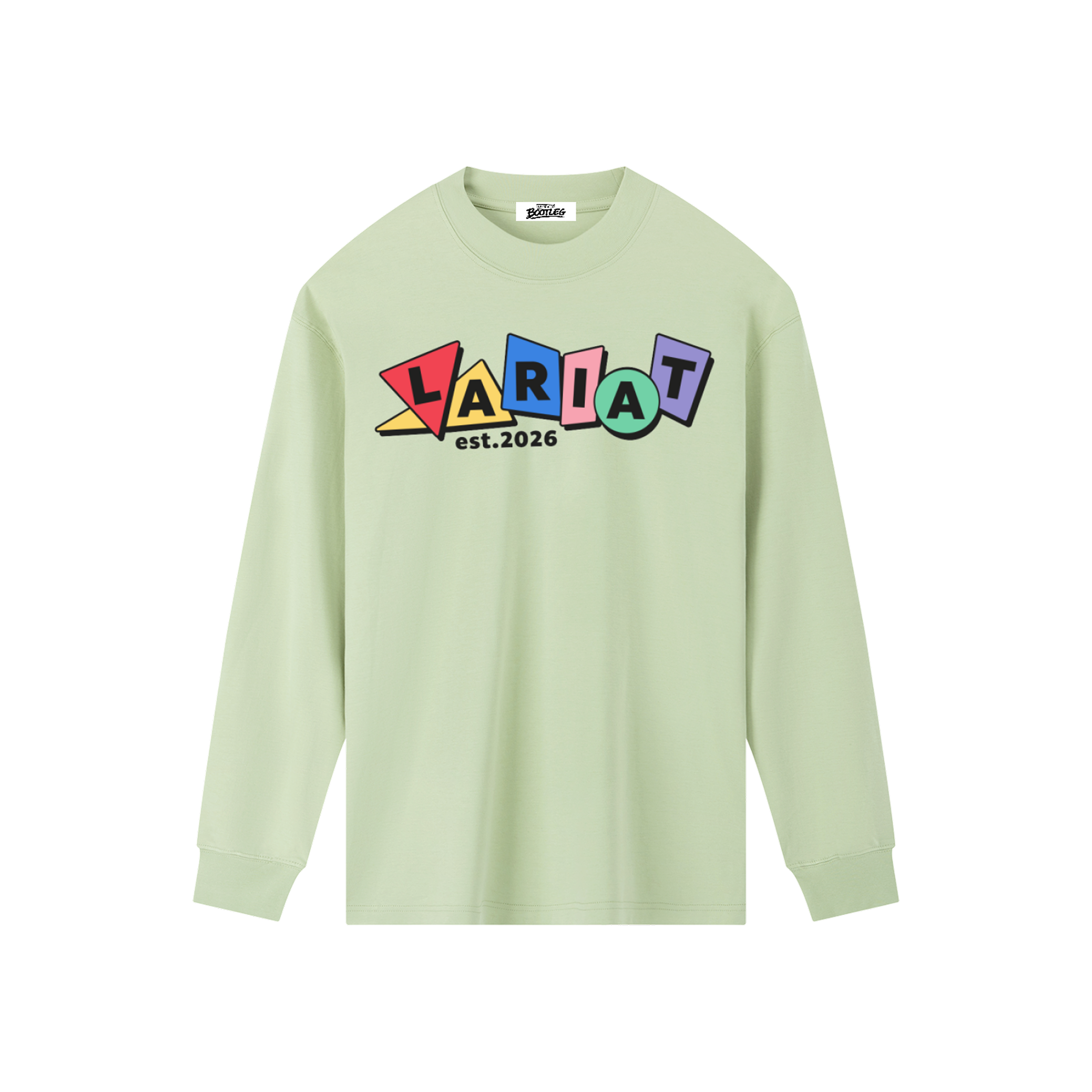 Playtime | Crewneck Long-Sleeve Tee front view, multicolour LARIAT graphic, long-sleeve crewneck