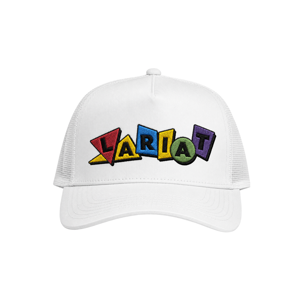 Playtime | Snapback Trucker front view, multicolour LARIAT patch, cotton twill trucker