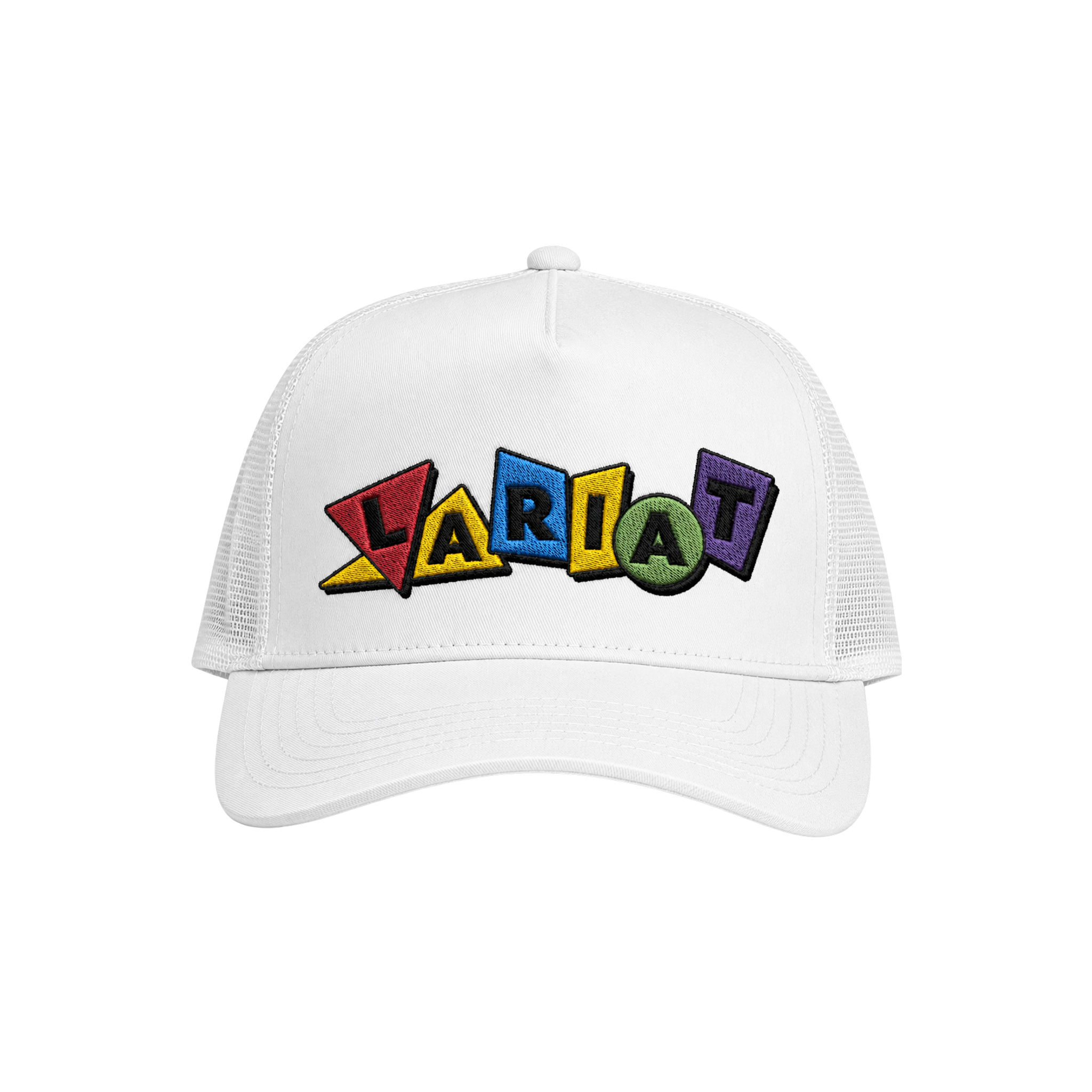 Playtime | Snapback Trucker front view, multicolour LARIAT patch, cotton twill trucker