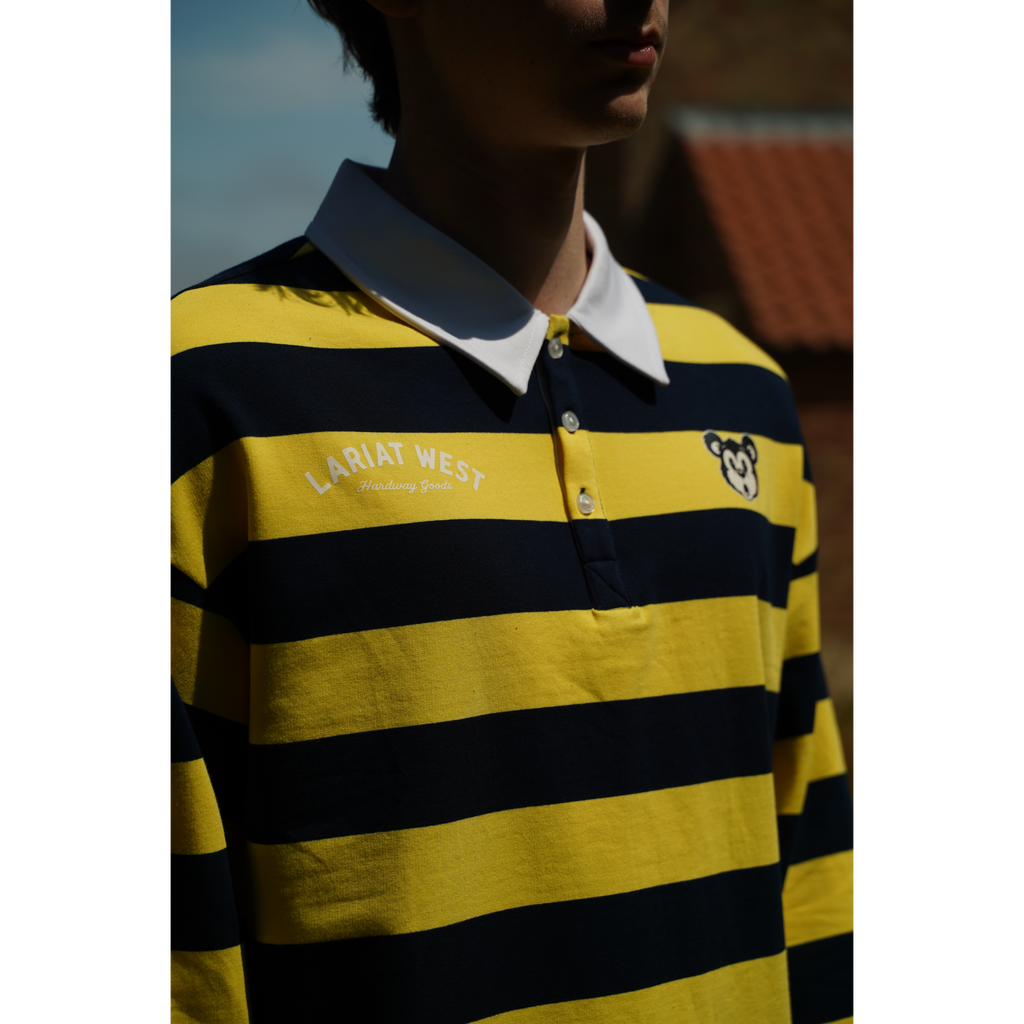 Bonzo Rugby Polo front view, bold stripes, Bonzo chest graphic