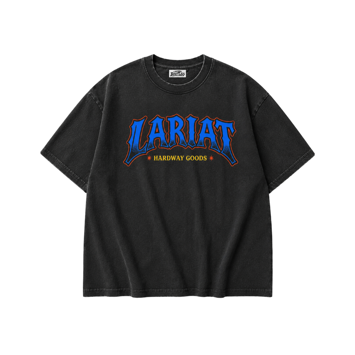 Skater Vintage Wash Boxy Waffle Tee, front view, LARIAT bootleg wordmark print