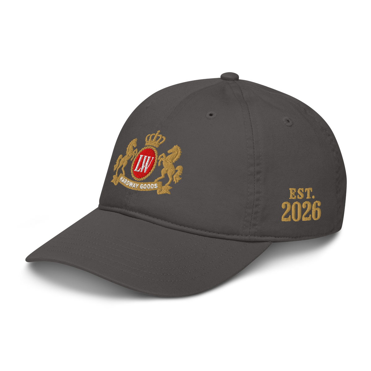 Smokes Organic Dad Hat, Charcoal, left front angle
