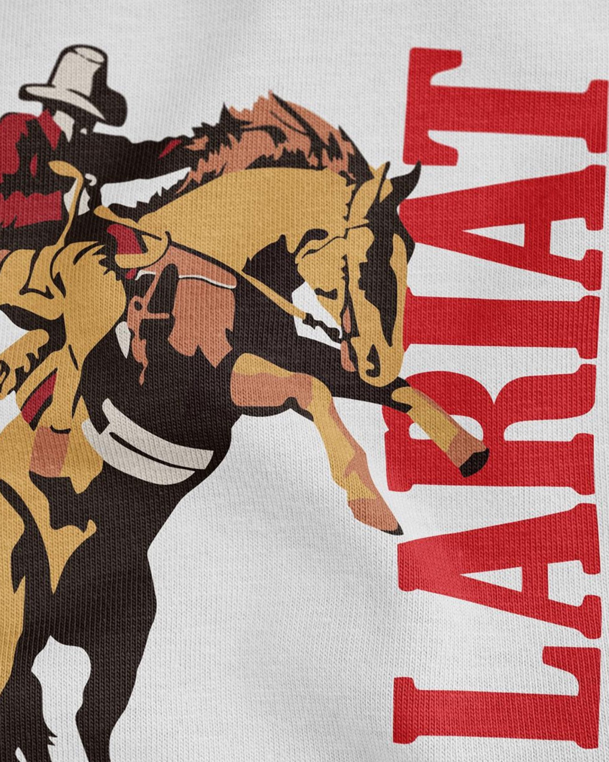 Smokes oversized boxy tee close-up, cowboy print detail on heavyweight cotton