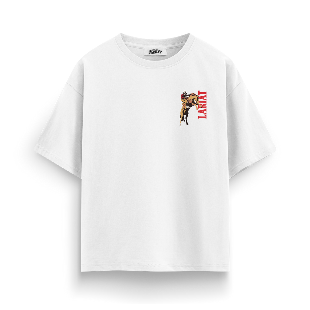 Smokes oversized boxy tee front print, cowboy graphic on white cotton